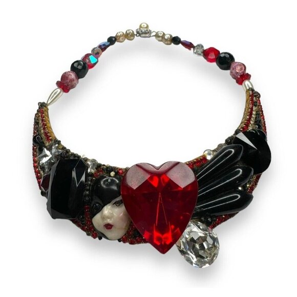 Wendy Gell Art Choker Necklace Red Heart Dollface Bib One of a Kind Vintage - Picture 1 of 11